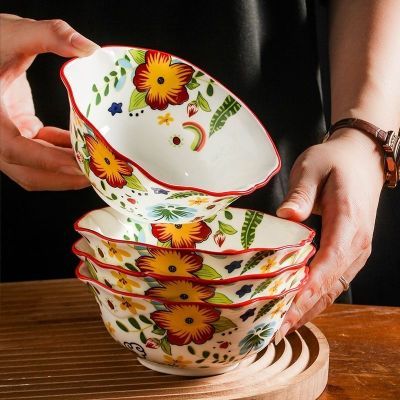 陶瓷碗家用复古餐具创意人间四月花边餐碗意面碗大号个性饭碗可爱