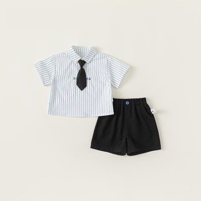 宝宝纯棉套装小童夏季短袖男童学院风两件套儿童领带条纹衬衫短裤
