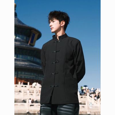 新中式男装黑色立领盘扣垫肩西装外套中国复古风年轻人中山装
