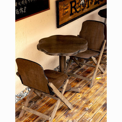 复古可折叠圆桌室外咖啡厅实木桌阳台家用小户型茶几餐桌轻奢桌椅