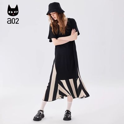 A02设计感黑色垂感大摆连衣裙2024新款女装夏季短袖宽松T