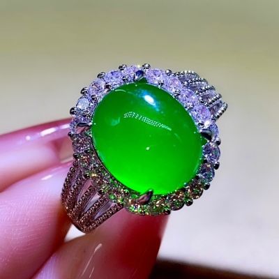 缅甸老坑冰种天然满色阳绿戒指蛋面女款镶嵌爆款新中式紫罗兰绿翡