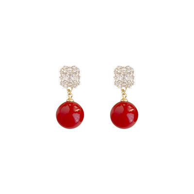 红色珍珠耳环女独特设计感高级耳坠港风复古小众耳夹简约耳饰