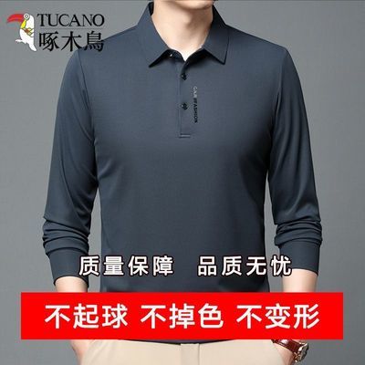 啄木鸟正品高档男士春秋长袖新款休闲时尚纯色翻领打底Polo上衣