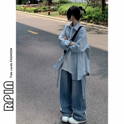 RPIN胖mm300斤新款慵懒风设计感小众衬衫外套女韩系蓝色