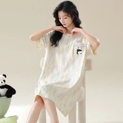 100纯棉胸垫睡裙夏季薄款睡衣短袖可外可爱熊猫连衣裙家居服