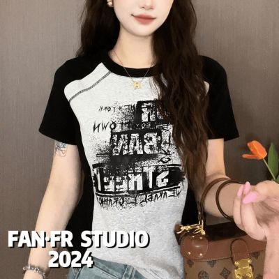 新款拼色彩拔涂鸦2024夏季新款短袖T恤 女修身显瘦百搭圆领上衣女