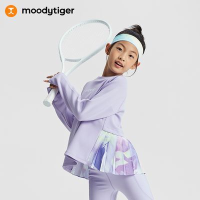 moodytiger儿童卫衣女童秋季圆领宽松保暖拼接百褶长学