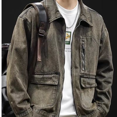 复古美式高级牛仔外套男士春秋季新款大码口袋潮牌工装夹克