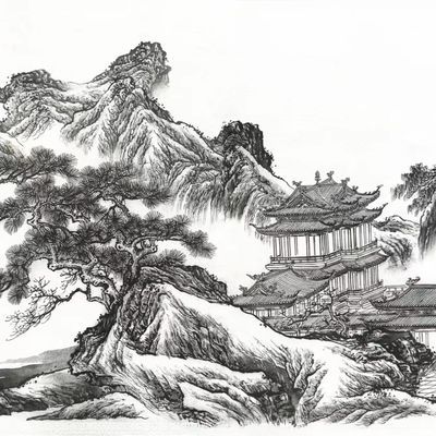 【山水楼台】山水楼台白描工笔画稿,纸质黑白a3a4打印底稿