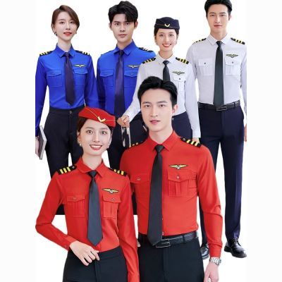 男女同款KTV空姐机长衬衣红色衬衫管乐队指挥夏季打军鼓演出服装