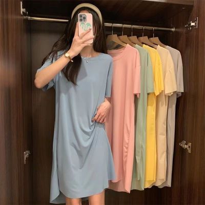 网红睡裙女夏季2023新款冰丝短袖薄款宽松外穿黑色睡衣连衣裙大码优惠券