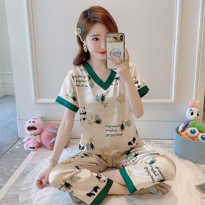睡衣女夏季冰丝短袖韩版两件套仿真丝绸学生薄款可外穿套装家居服优惠券