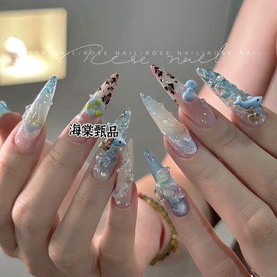 海棠甄品手工定制穿戴甲夏日冰花海洋清透少女可爱纯欲风爆闪卡通
