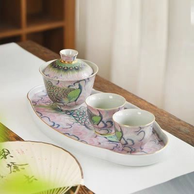 三才盖碗茶杯手绘国潮孔雀陶瓷功夫茶具家用精致泡茶碗敬茶碗