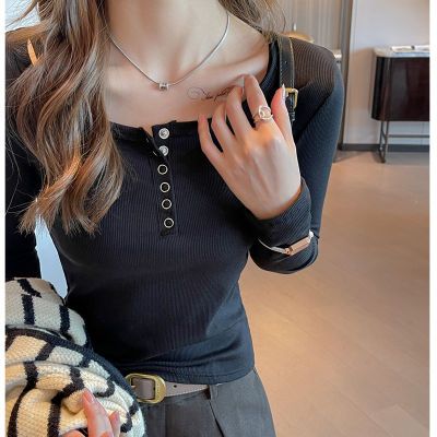 半开正肩辣妹内搭春秋新款修身显瘦百搭搭外打底螺纹长袖纽扣上衣