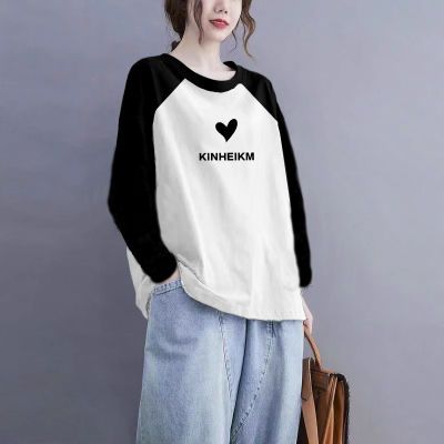 黑白拼色圆领2025新款秋季T恤宽松纯棉长袖插肩打底拼接长袖上衣