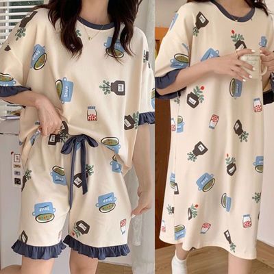 【三件套】睡衣女夏季短袖短裤睡裙大码薄款卡通可外穿家居服套装优惠券