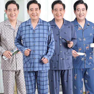 中老年睡衣男士春秋季长袖薄款秋冬大码可外穿老人爸爸家居服套装