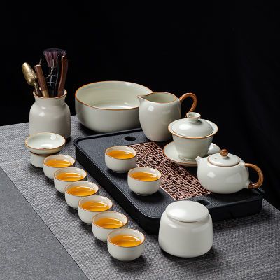 高档汝窑功夫茶具套装家用陶瓷开片盖碗茶壶茶杯整套网红客厅茶道