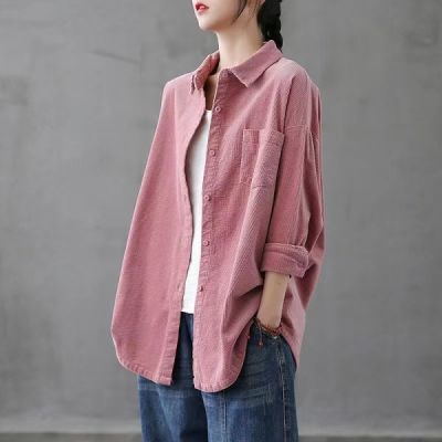 外贸原单品牌女装余单清仓出口复古灯芯绒衬衫女长袖外穿宽松上衣