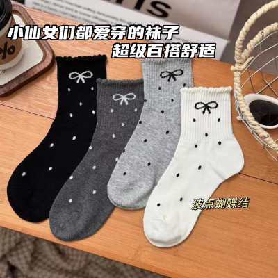 波点蝴蝶结秋冬新款堆堆袜ins潮长筒袜日系网红中筒女袜花边中筒