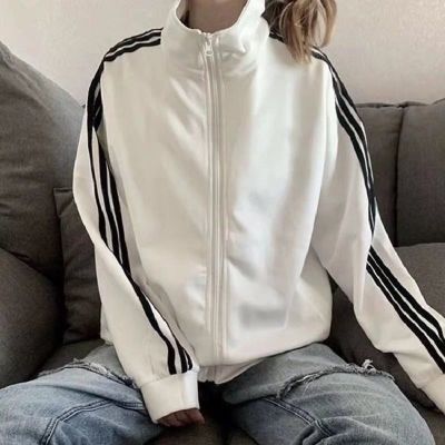 2024春秋新款三条杠外套男女版薄款条纹卫衣学生黑色棒球服宽松潮