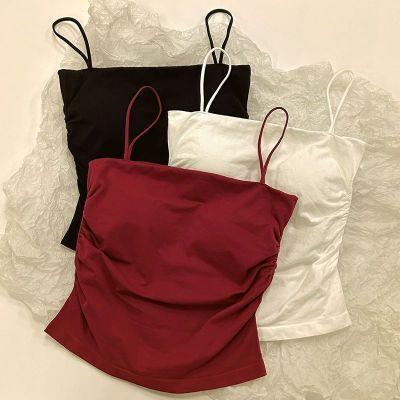 纯欲褶皱白色吊带背心女夏内搭带胸垫甜辣妹外穿显瘦美背无袖上衣