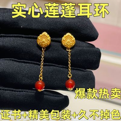 正品9999镀真金福禧莲莲耳环女复古小众设计感经典传承金黄色