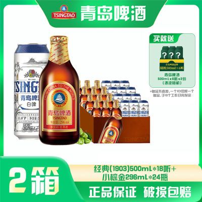 2箱|青岛啤酒全麦白啤500ml*12听+小棕金啤酒296ml*24瓶 包装混发