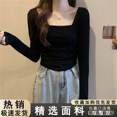 法式新款方领露锁骨辣妹打底衫女秋冬德绒款收腰显瘦百搭上衣in