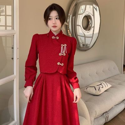 大码敬酒服红色两件套春夏回门连衣裙套装订婚礼服平时可穿