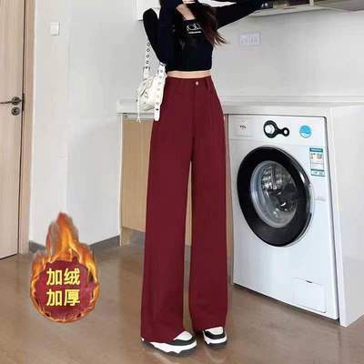 安可拉红加绒加厚直筒牛仔裤女2024秋冬新款高腰显瘦宽松阔腿