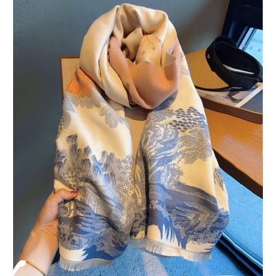 又见青花~秋冬季围巾女长方形披肩两用百搭山水画保暖围脖中国风