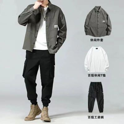 男装秋季套装新款潮流休闲一套男宽松工装潮男衬衫三件套帅气搭配