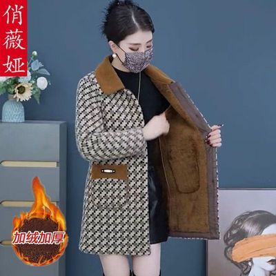 高档毛绒面加绒加厚外套女妈妈装中长款冬季新款减龄时尚毛呢大衣