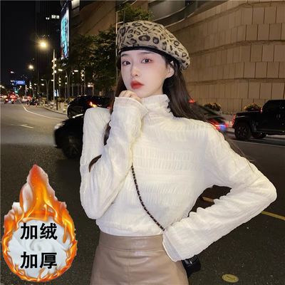 【加绒加厚】半高领蕾丝打底衫女内搭设计感加绒衬衫秋冬2024