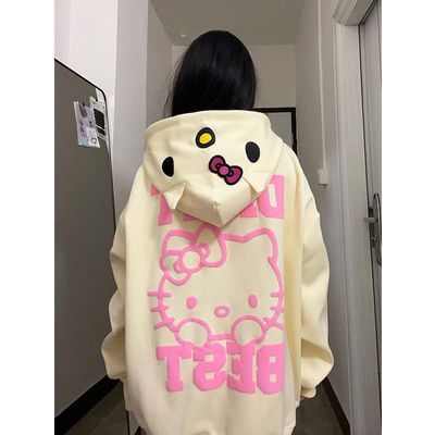 纯棉加绒加厚可爱kitty猫刺绣开衫连帽卫衣女秋冬新款宽松外套ins