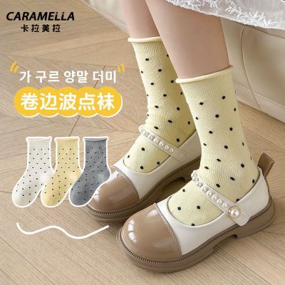 Caramella袜子灰色波点堆堆袜春秋冬无骨袜女孩卷边中筒袜学生袜