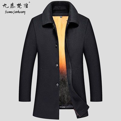 爸爸装冬季中长款羊毛呢大衣男士中老年风衣翻领加厚内胆毛呢外套