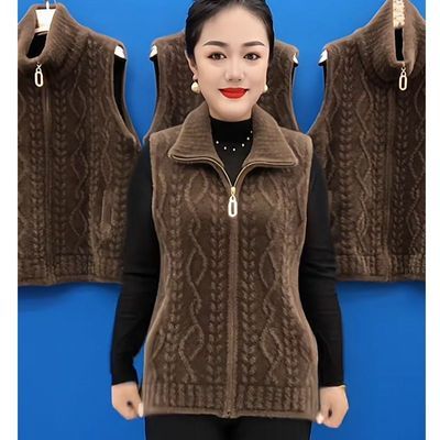 妈妈秋冬马甲背心仿水貂绒加厚坎肩中老年女保暖内搭纯色提花马夹