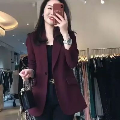 酒红色西装外套女春秋2024新款高级感小个子职业西服休闲大码