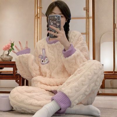 新款珊瑚绒睡衣女秋冬季加厚加绒大码家居服法兰绒高颜值冬天外穿