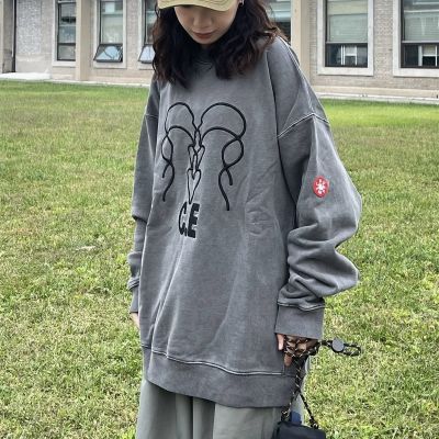 LIFE CAVEMPT 日系潮牌水洗线条字母刺绣圆领套头CE卫衣情侣街头