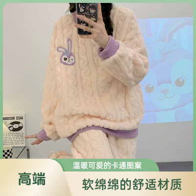 新款珊瑚绒睡衣女秋冬季加厚加绒大码家居服法兰绒高颜值冬天外穿