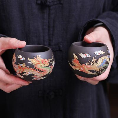 紫砂变色主人杯对杯龙凤呈祥紫泥茶杯品茗杯功夫茶杯水杯大号国风