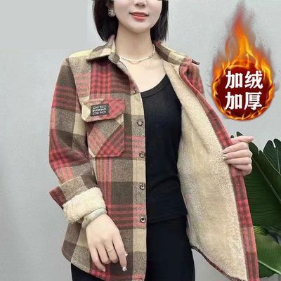 妈妈冬季格子加绒加厚衬衣外套中年秋冬大码女士保暖衬衫开衫上衣【7天内发货】