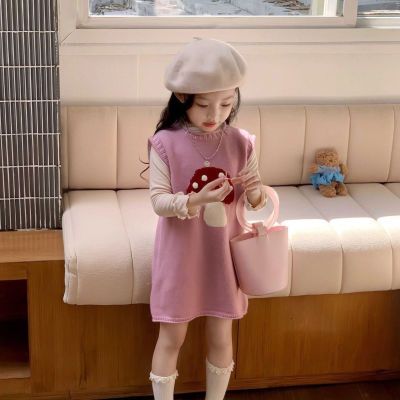 韩版女童可爱蘑菇针织连衣裙2025秋冬新款女宝毛衣背心裙子公主裙