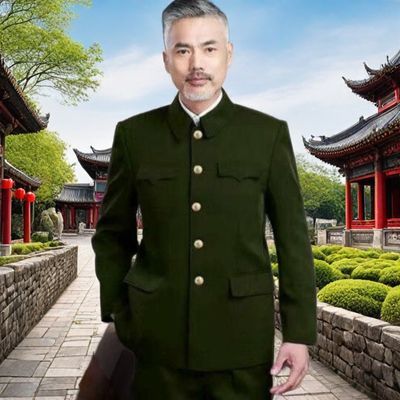 军绿色中老年中山服套装爸爸爷爷春夏季男士老人经典民族老式外套