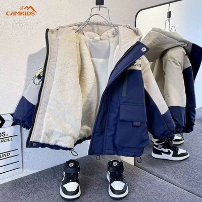 CAMKIDS男童加绒保暖外套棉服连帽休闲冬款加厚中大童宝宝